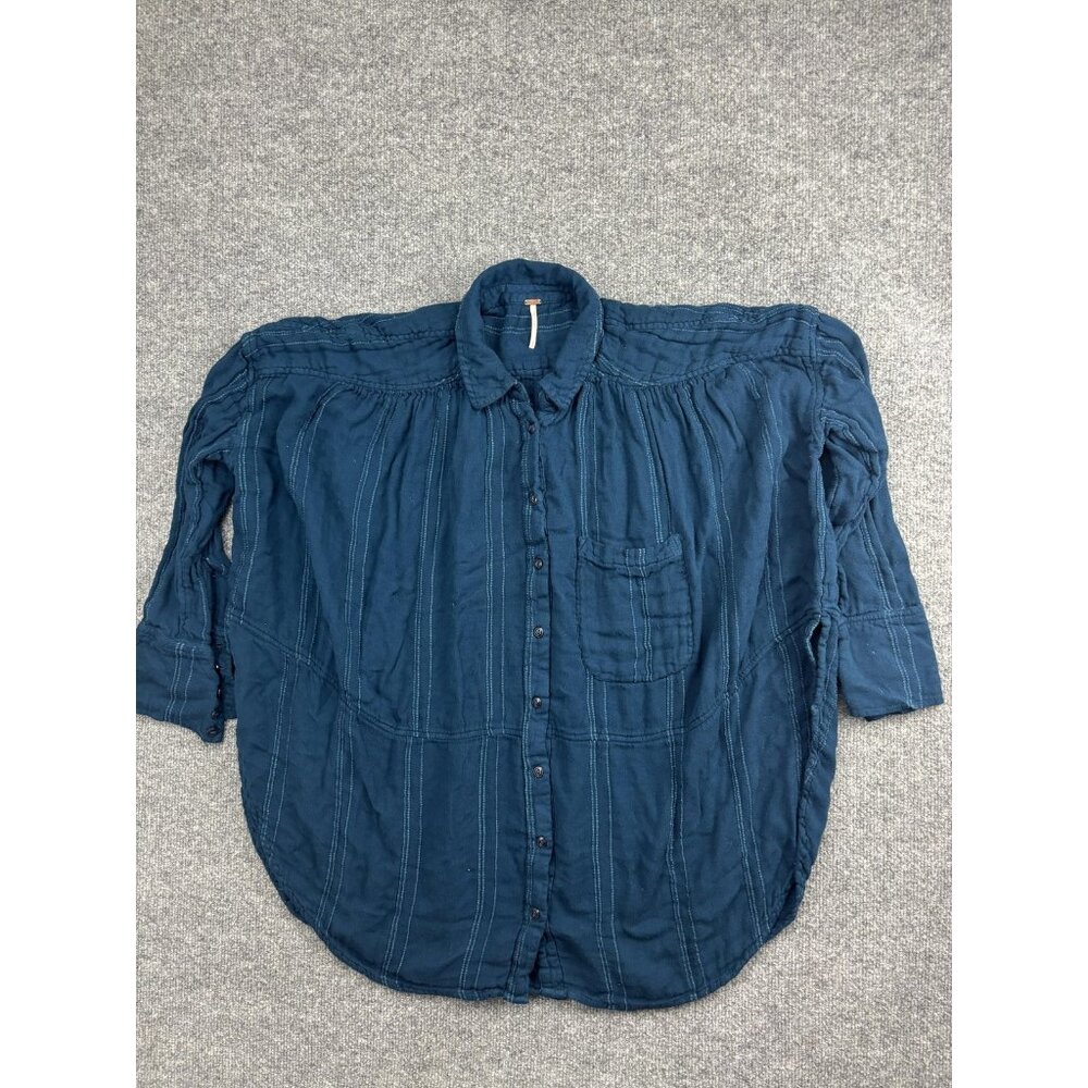 Free People Shirt Womens Small Blue Gauze Button Front Boho Tunic Top